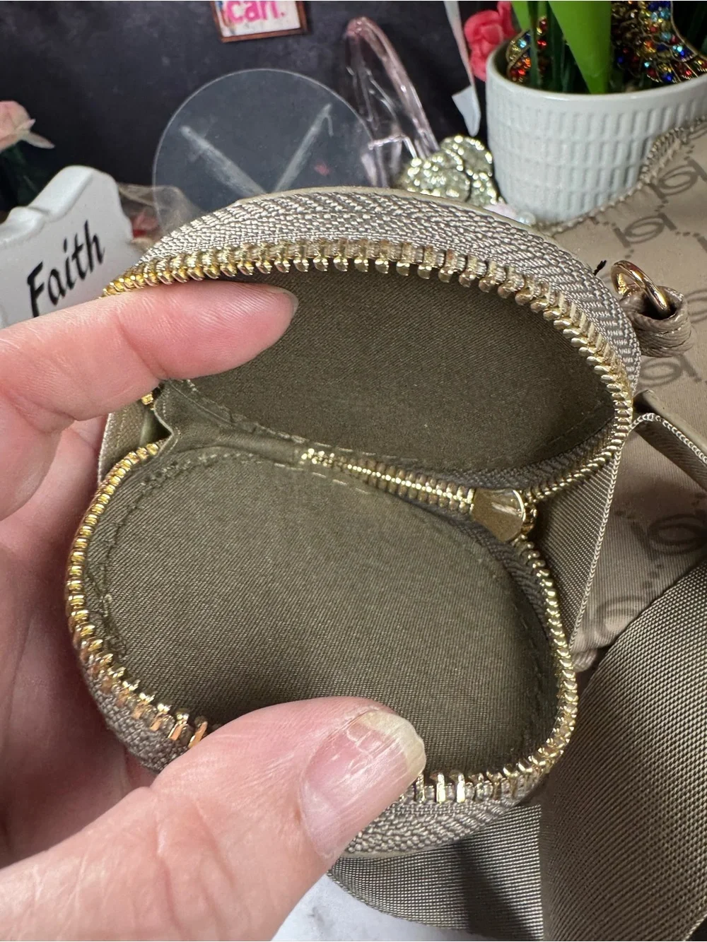 bebe Taupe Logo Crossbody with Gold Chain & Coin Pouch